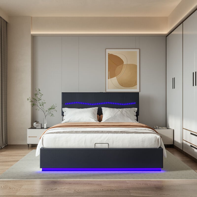 Lit rembourré, 140 x 200, lit double en tissu pu avec éclairage led et tête de lit réglable en hauteur, lit hydraulique avec rangement sous le lit,