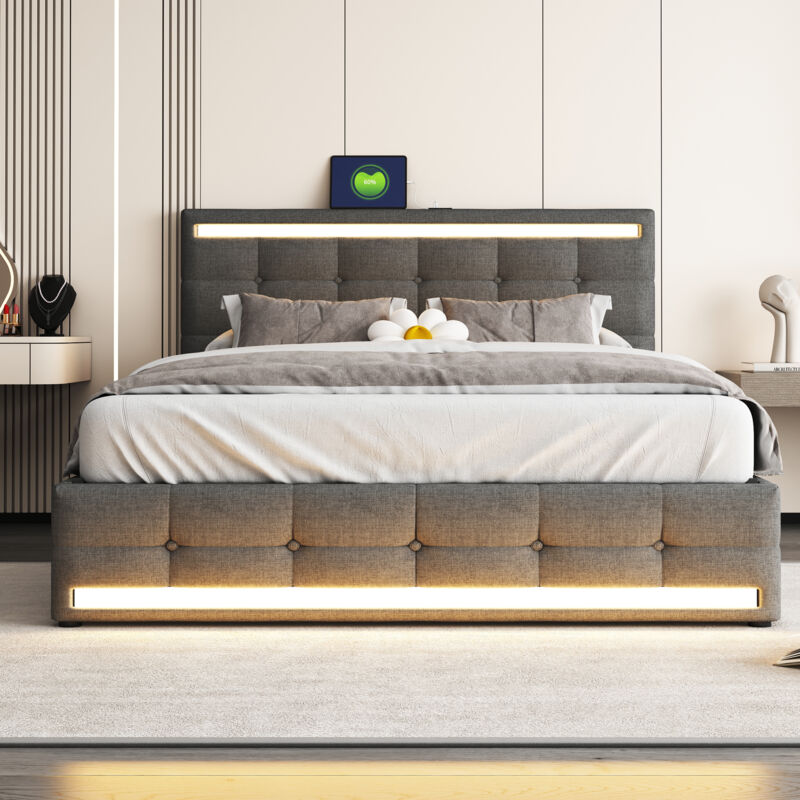 Lit rembourré, 140 x 200cm, lit double avec 4 tiroirs et stations de chargement usb, lit pour adulte, lit à plateforme, cadre à lattes en bois - Gris