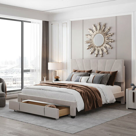Lit rembourré 140 x200 cm, lit double avec sommier à lattes, dossier et grand tiroir, lit double en velours doux pour la peau pour adultes et adolescents, beige (matelas non inclus)