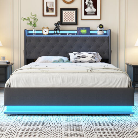 Lit rembourré 140200 cm, avec port de charge usb et casier hydraulique, gris, tissu de lin doux pour la peau