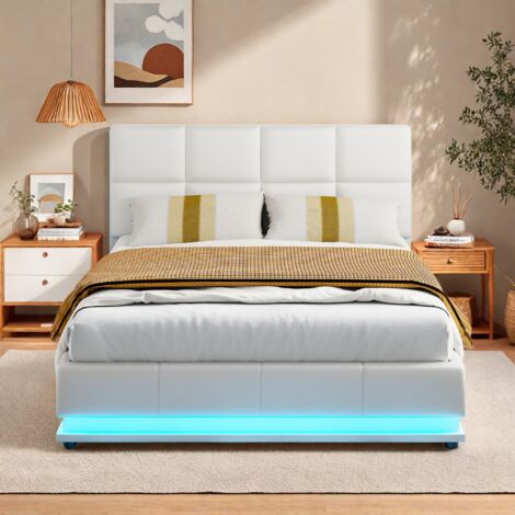 Lit rembourré 140x190 cm avec éclairage LED et relevage hydraulique, avec rangement, sommier et sommier à lattes, lit double pour adultes, lit pour adolescents, PU, ​​blanc