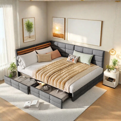 Lit rembourré 140x190 cm,2 tiroirs, tête de lit nuage, LED et ports USB, cadre en métal, sommier à lattes, lin gris