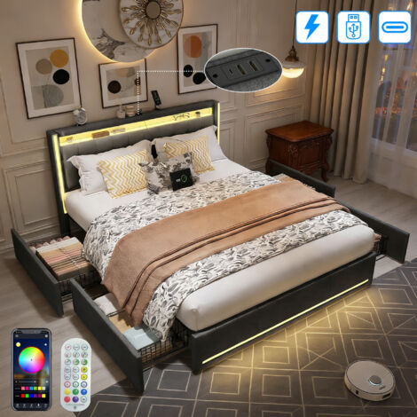 Lit Rembourré 140x190CM avec 4 Tiroir - avec LED Réglable et Charge USB Tpye C - Lit Coffre avec Rangement - Lit Adulte 2 Personnes avec Sommier - Métal - Lin Gris