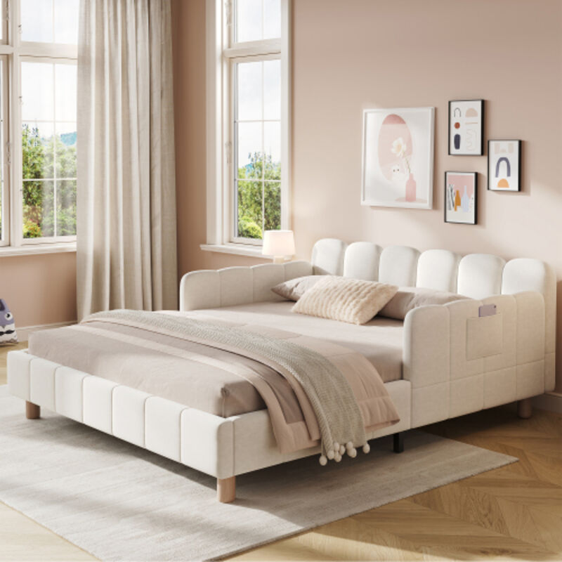 Lit rembourré 140x200 cm avec barrière de sécurité, lit enfant avec tête de lit capitonnée et pieds bois massif, velours beige