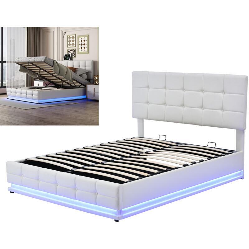 Lafomukea - Lit rembourré 140x200 cm avec éclairage led et espace de rangement à relevage hydraulique, coffre de lit et sommier à lattes en simili
