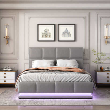 Lit rembourré 140x200 cm avec éclairage LED et espace de rangement pour lit relevable hydrauliquement, coffre de lit et sommier à lattes lit double en similicuir lit adulte jeune gris