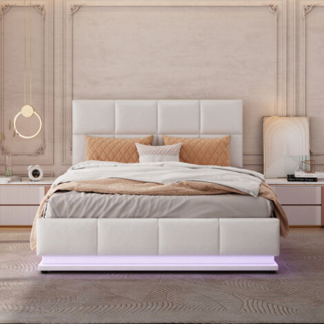 Lit rembourré 140x200 cm avec éclairage LED et espace de rangement pour lit relevable hydrauliquement, sommier et sommier à lattes en similicuir lit double adulte lit jeune adulte blanc