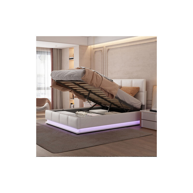Lit rembourré 140x200cm, avec éclairage led, lit relevable hydrauliquement avec espace de rangement sous le sommier à lattes, lit double en