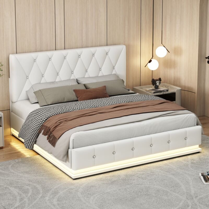 Lit rembourré 140x200 cm avec led et espace de rangement du lit à relevage hydraulique, cadre à lattes , lit double ,blanc