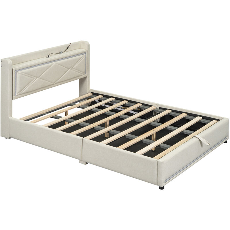 Gutent - Lit rembourré 140x200 cm, éclairage d'ambiance au bout du lit, lit relevable et abaissable, port usb au bout du lit - Beige