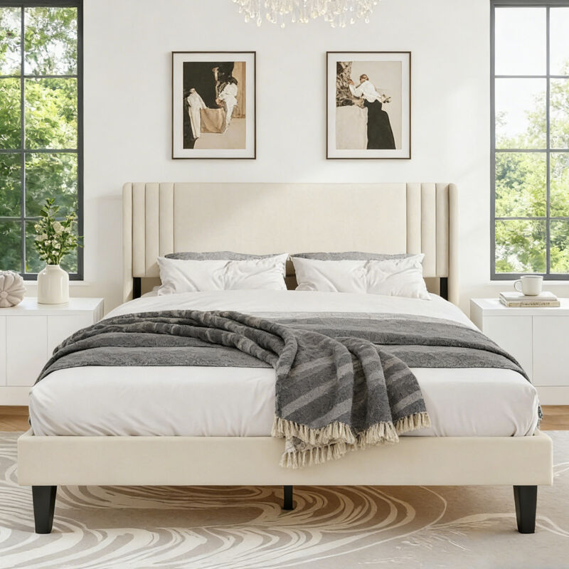 Lit Rembourré 140x200 cm - Lit Adulte Capitonné en Velours avec Sommier à Lattes en Bois et Tête de Lit - 2 Personnes - Lin - Beige