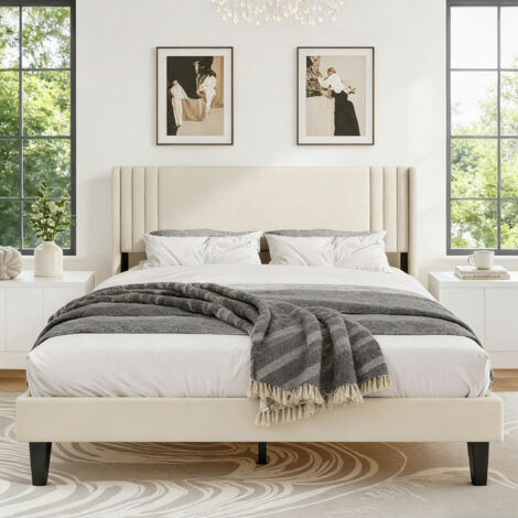 Lit Rembourré 140x200 cm - Lit Adulte Capitonné en Velours avec Sommier à Lattes en Bois et Tête de Lit - 2 Personnes - Lin -  Beige