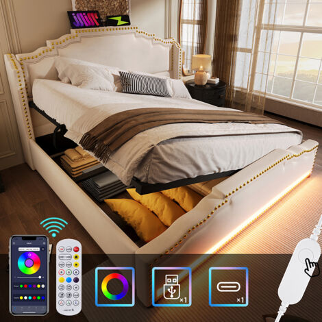 Lit rembourré 140x200, double avec éclairage LED et port de charge USB-C, avec cadre de lit à lattes, velours, beige