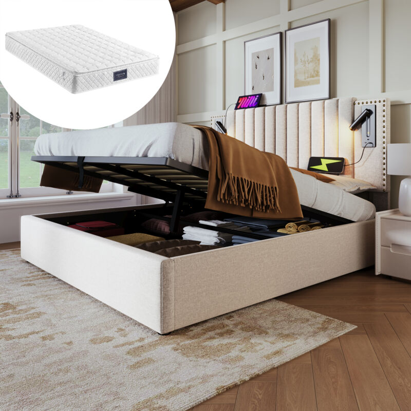 Okwish - Lit coffre 140x200 cm, lit double rembourré avec lampe de lecture, chargement usb, tête de lit réglable et dossier, en coton beige, matelas