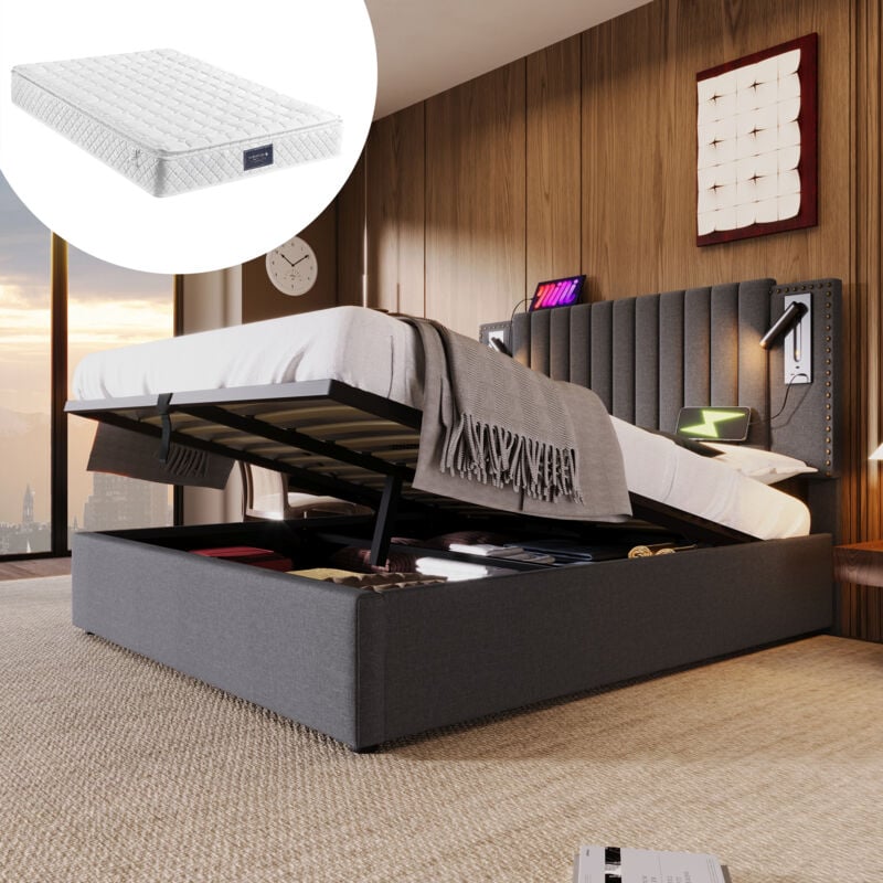 Okwish - Lit coffre 160x200 cm, lit double rembourré avec lampe de lecture, chargement usb, tête de lit réglable et dossier, en coton gris, matelas