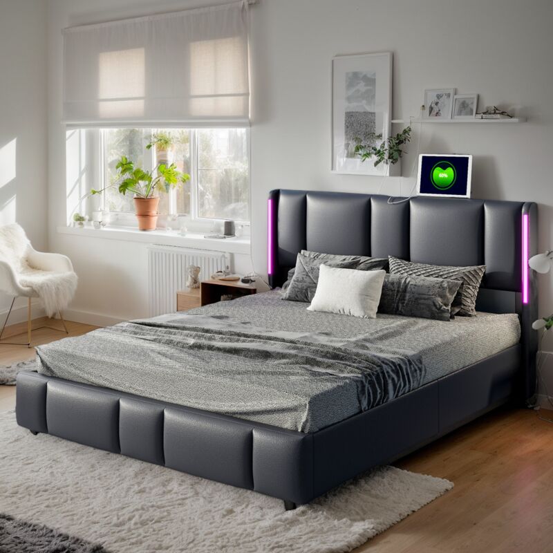 Lit rembourré 160x200,cadre de lit confortable avec bandes lumineuses LED,lit adulte avec sommier à lattes,dossier,lit fonctionnel hydraulique,cuir