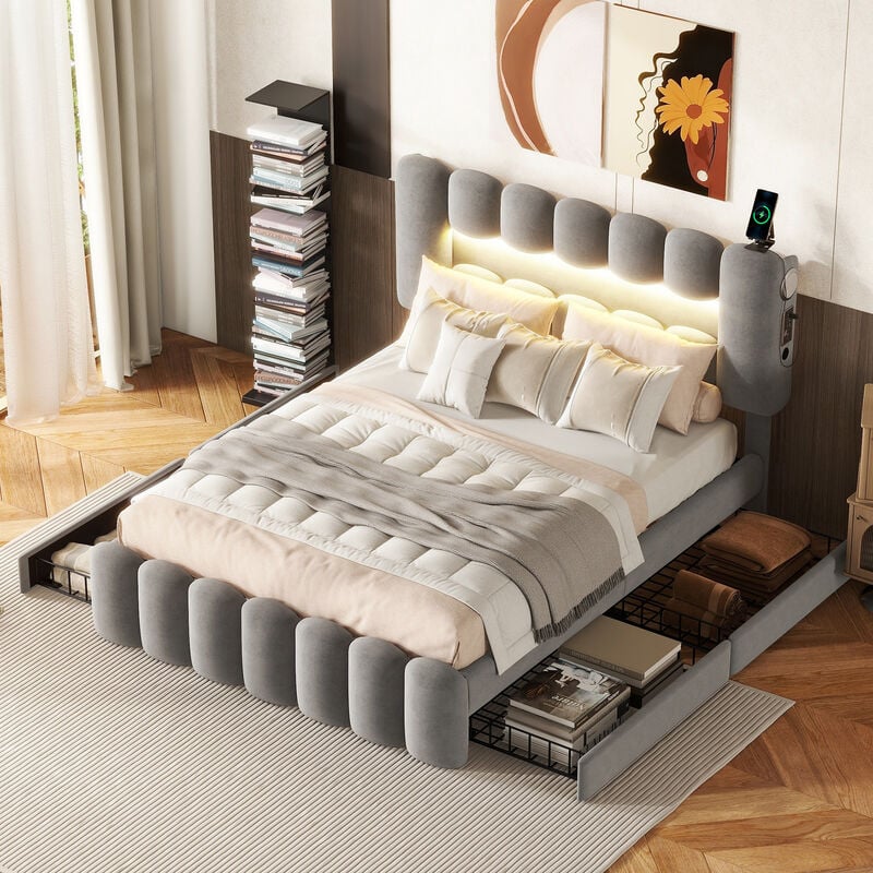 Modernluxe - Lit rembourré 140x200cm avec 4 tiroirs - avec led + usb port de charge + Lecteur - Gris