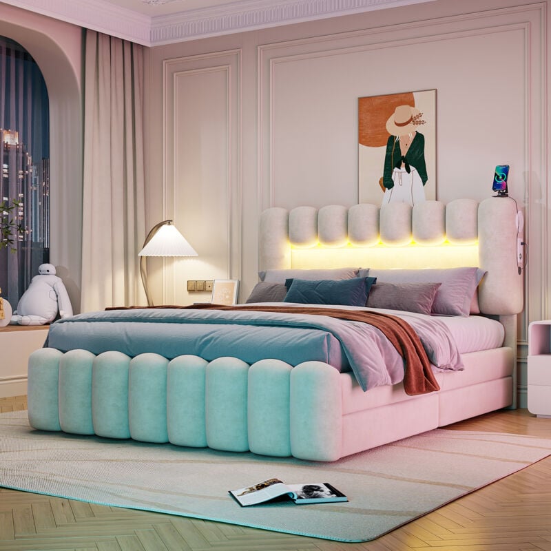 Modernluxe - Lit rembourré en velours - 160x200cm - 4 tiroirs + led + Ports de recharge + Lecteur - Beige