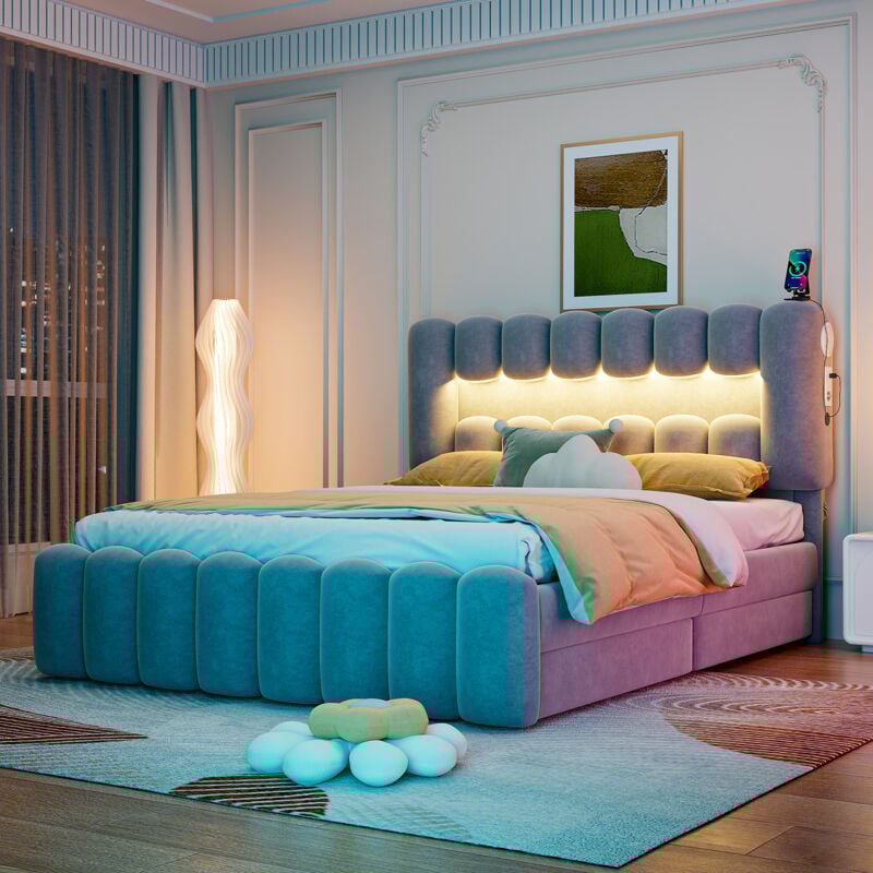 Modernluxe - Lit rembourré en velours - 160x200cm - 4 tiroirs + led + Ports de recharge + Lecteur - Gris