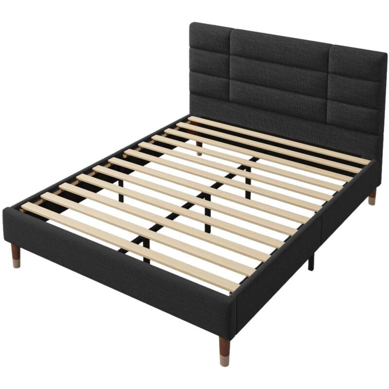 Gutent - Lit rembourré 140x200cm, double avec sommier à lattes, lin noir (matelas non inclus)