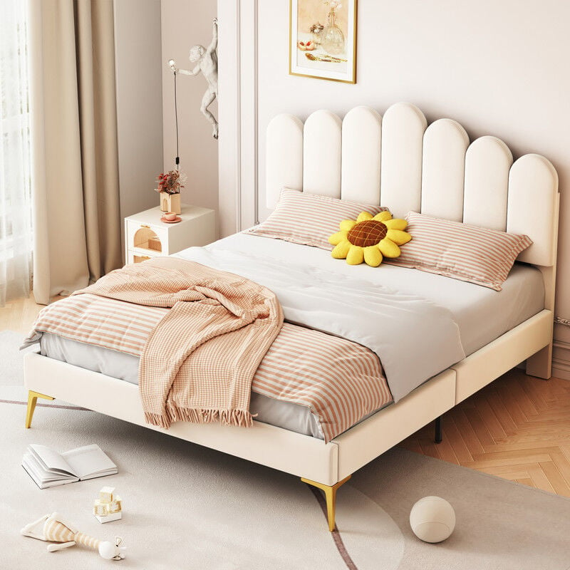 lit rembourré 140x200cm, lit capitonné avec tête de lit en forme de coquille, lit double en velours, sommier à lattes en bois massif, tête de lit