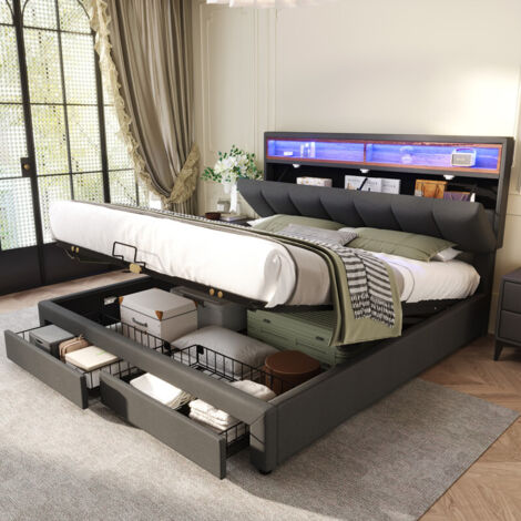 Lit rembourré 160 x 200 cm avec éclairage LED,lit coffre avec tiroirs et compartiments de rangement,tête de lit en mousse escamotable,gris