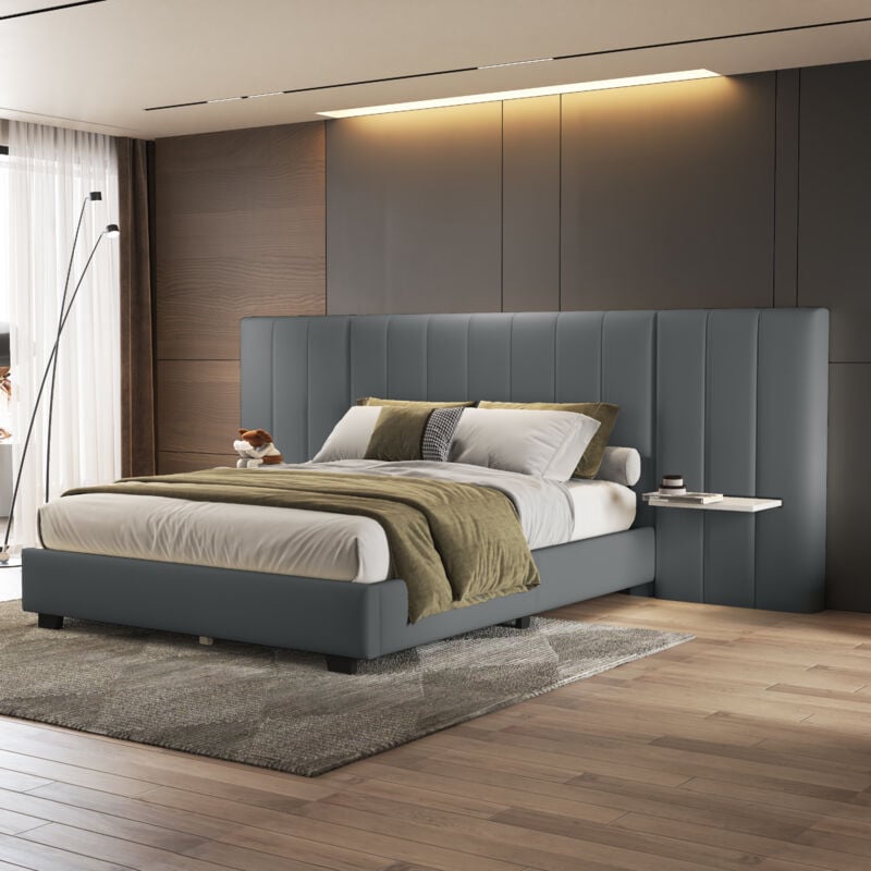 Modernluxe - Lit rembourré 160 x 200 cm - avec tête de lit et dossier allongés - étagères des deux côtés de la tête de lit - tissu en velours - Gris