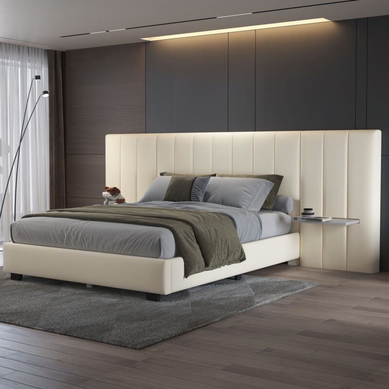Modernluxe - Lit rembourré 160 x 200 cm - avec tête de lit et dossier allongés - étagères des deux côtés de la tête de lit - tissu en velours - Beige