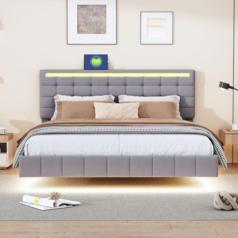 Okwish - Lit adulte 160x200 cm lit double rembourré, cadre de lit flottant avec lumières led et tête de lit, tissu en lin doux, gris