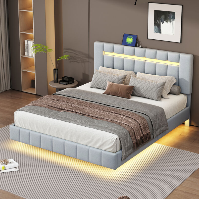 Okwish - Lit double rembourré 160x200 cm lit d'appoint plat avec lumières led et tête de lit, en lin doux pour la peau, gris