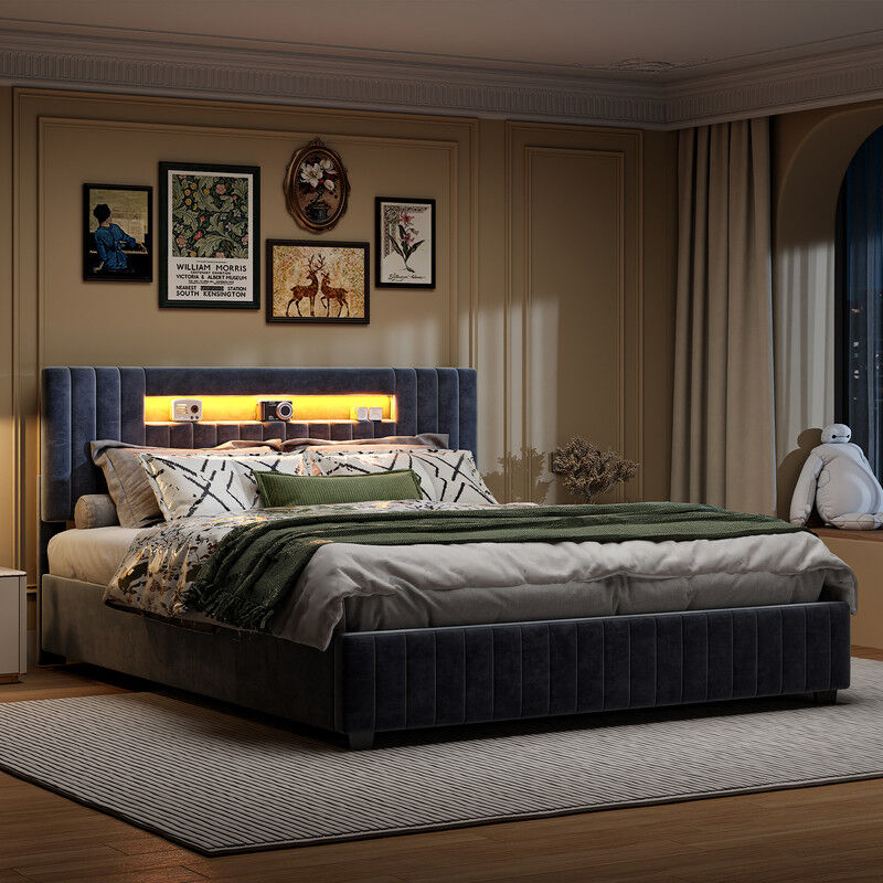 Lit rembourré, 160 x 200 cm, lit double en tissu velours avec rangement et tête de lit à éclairage led, lit hydraulique avec rangement sous le lit,