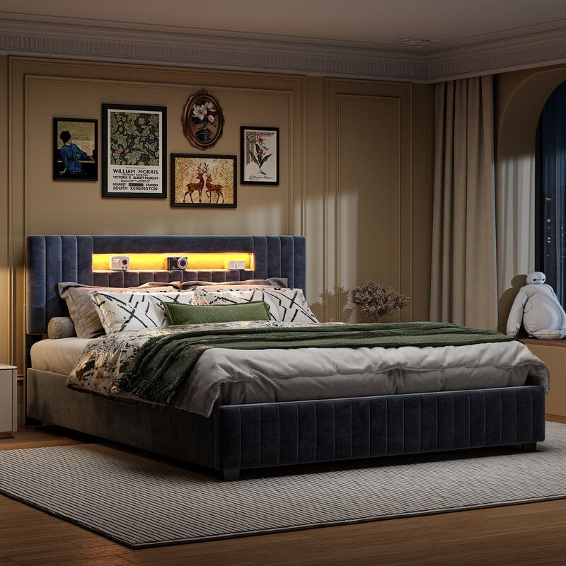 Lit rembourré, 140 x 200 cm, lit double en tissu velours avec rangement et tête de lit à éclairage led, lit hydraulique avec rangement sous le lit,