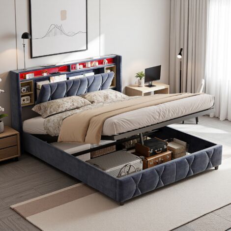 Lit rembourré 160 x 200 cm, tête de lit avec rangement, LED et port de charge USB, lit gonflable, lit ado avec rangement, velours, gris (livraison locale)