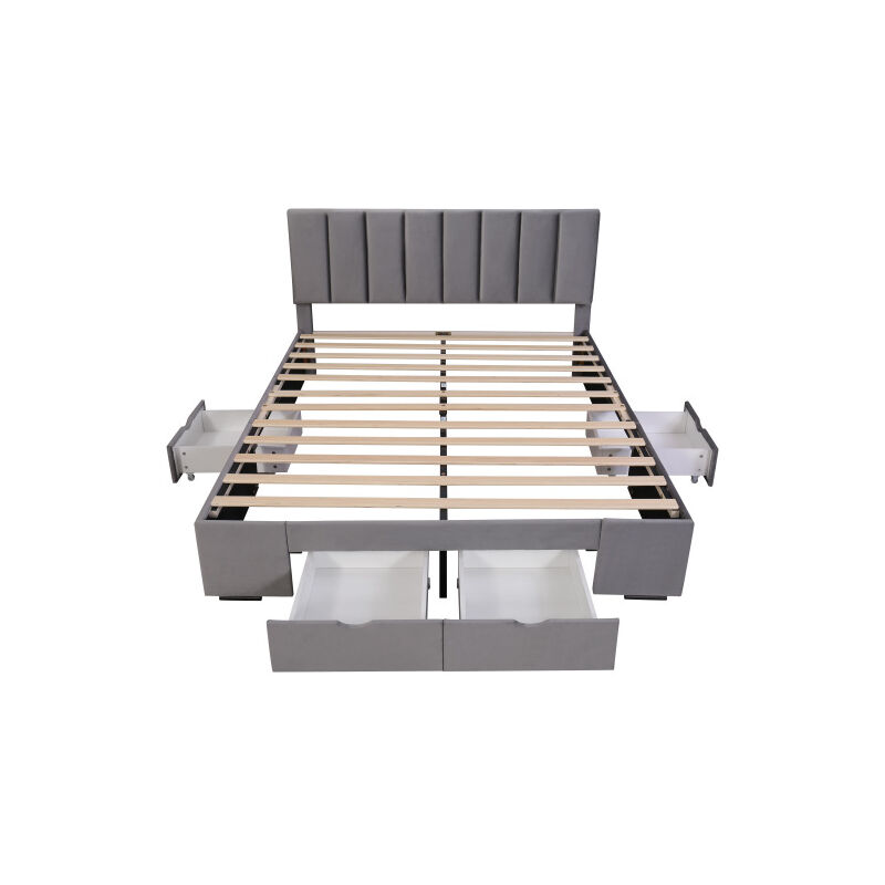 Gutent - Lit rembourré 160 x 200 cm velours, Avec sommier à lattes Dossier 4 tiroirs, gris