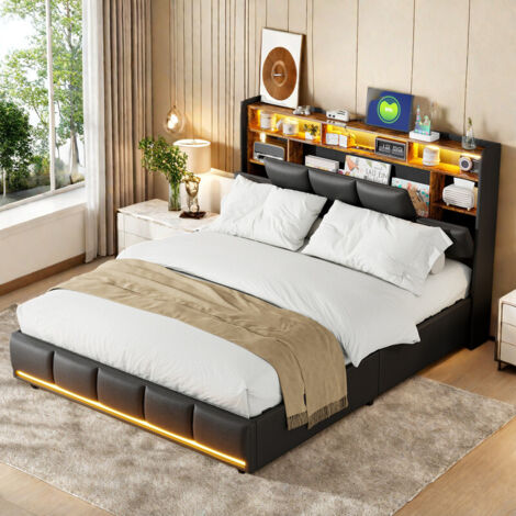 Lit rembourré 160 x 200–Lit adulte/lit double–Bande LED réglable et port USB–Tête de lit avec rangement–Simili cuir (PU)–Noir–Style industriel rétro