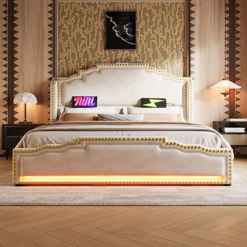 Lit rembourré 160×200, double avec 4 tiroirs, éclairage LED et port de charge USB-C, velours, beige