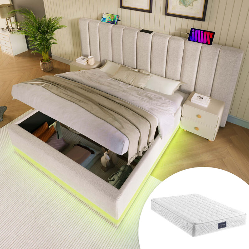 Redom - Lit rembourré 160×200, lit coffre double avec App Control led et fonction de chargement usb-c, cadre de lit avec sommier à lattes, lin,
