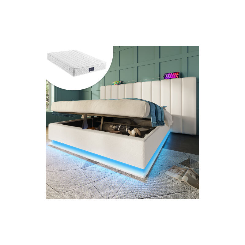 Lit rembourré 160×200, lit double de rangement avec App Control LED et fonction de chargement USB-C, cadre de lit avec sommier à lattes, PU, Blanc,