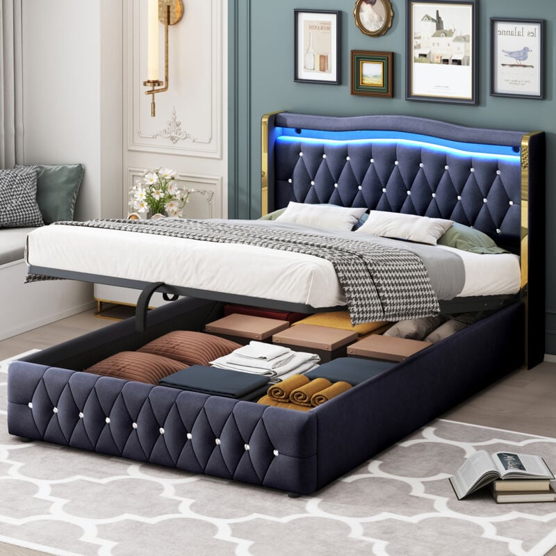 Okwish - Lit coffre 140x200 cm lit rembourré avec pieds larges pour un soutien stable, éclairage led à couleur changeante et rangements hydrauliques,