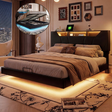 Lit rembourré 160x200 cm avec LED, lit flottant hydraulique avec coffre de rangement et sommier à lattes, lit double avec fonction de charge USB, tête de lit réglable avec compartiment de rangement, e