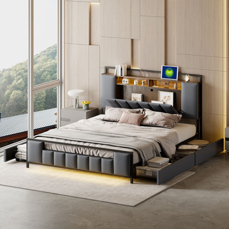 Lafomukea - Lit rembourré 160x200 cm, lit multifonction avec lumière led, avec prise usb, avec tiroirs, cadre de lit en fer massif, lit jeune, lit