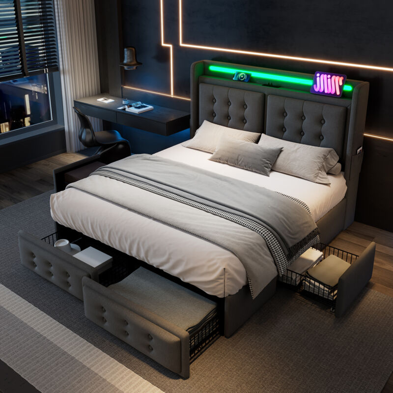 Redom - Lit rembourré adulte, avec 4 tiroirs, tête de lit led et usb c, 180x200cm, coton, gris(sans matelas)