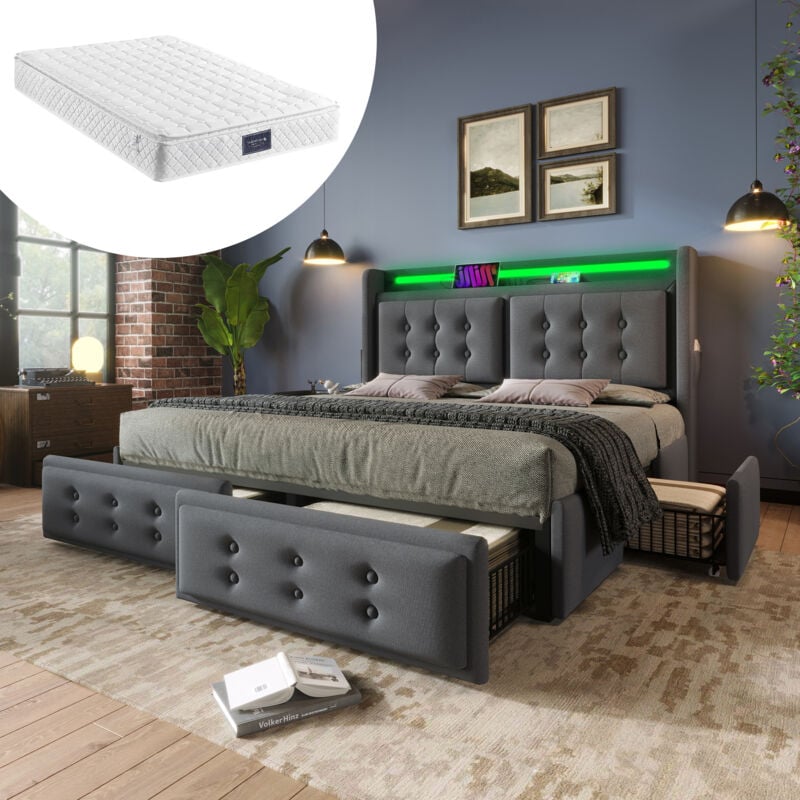 Lit 160 x 200 cm avec 4 tiroirs Lit adulte 160 x 200 cm avec tête de lit led et fonction de chargement usb c, coton, gris, matelas inclus
