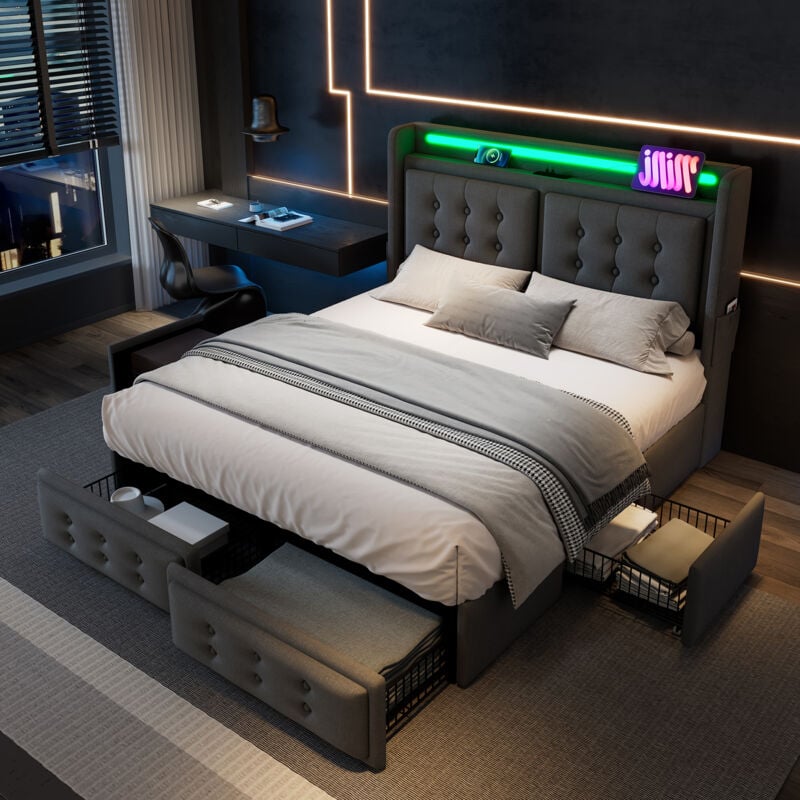 Lit adulte 140x200 cm lit double erembourré, lit avec 4 tiroirs, éclairage led et chargement usb, tissu en coton gris, sans matelas