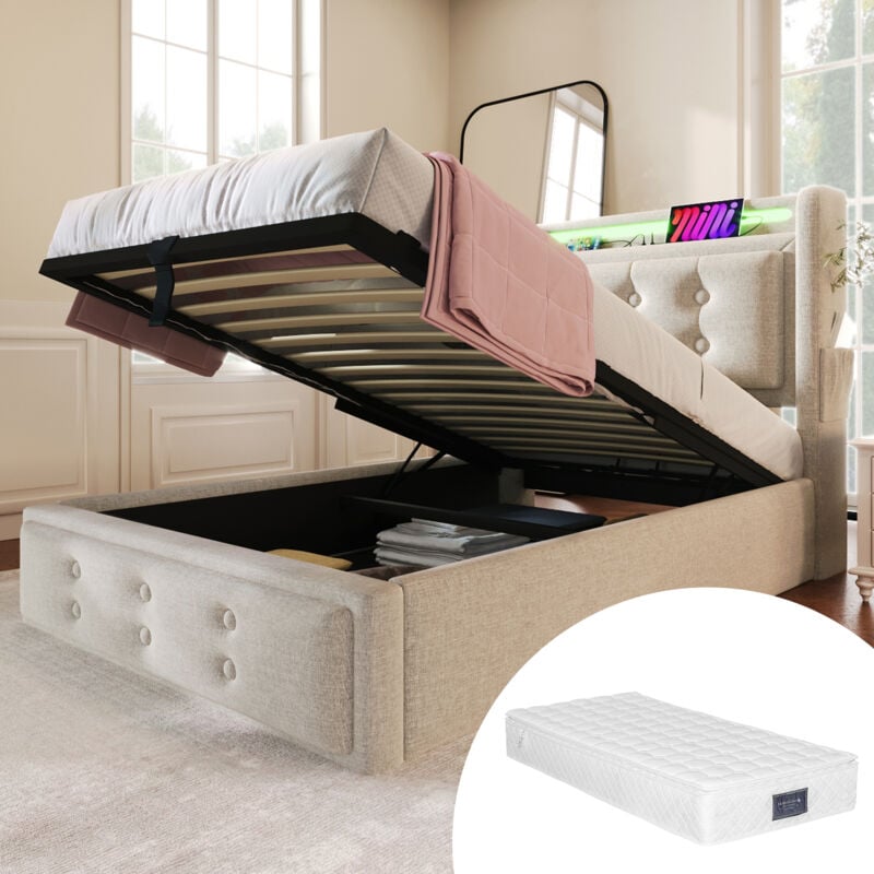 Lit coffre 90 x 200 cm Lit adulte 90 x 200 cm avec tête de lit LED et fonction de chargement USB C, en coton, beige, matelas inclus