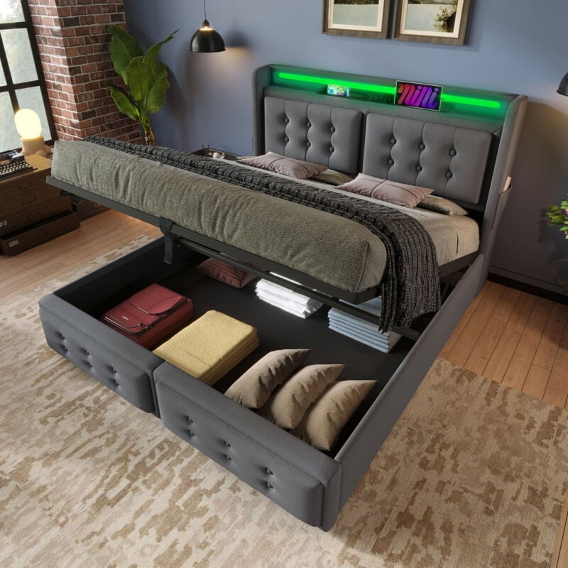 Okwish - Lit coffre 140x200 cm lit double rembourré lit adulte avec tête de lit, led et charge usb, tissu en coton, gris, sans matelas