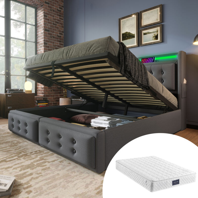 Okwish - Lit coffre 140 x 200 cm Lit adulte 140 x 200 cm avec tête de lit led et fonction de chargement usb c, en coton, gris, matelas inclus