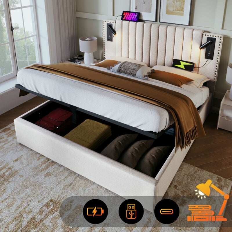 Lit coffre 140x200cm, lit adulte avec usb de lampe de lecture, lit double capitonné, coton, beige(sans matelas)