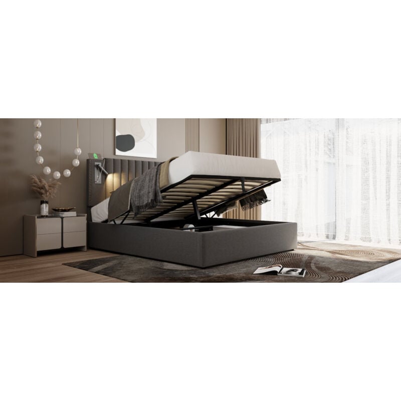 Lit coffre 160x200cm, lit adulte avec USB de lampe de lecture, lit double capitonné, coton, gris(sans matelas)