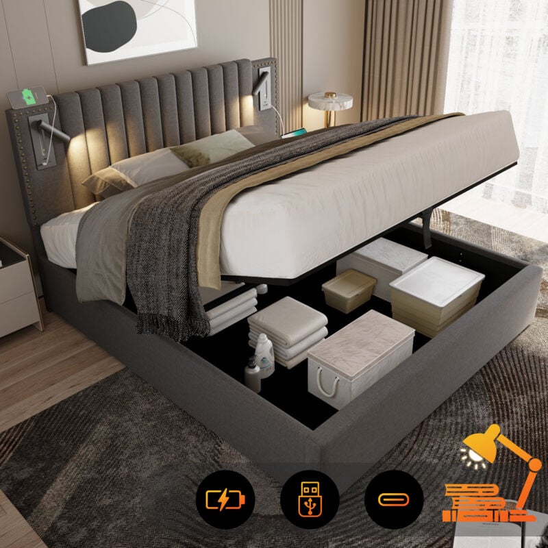Lit coffre 180x200cm, lit adulte avec usb de lampe de lecture, lit double capitonné, coton, gris(sans matelas)